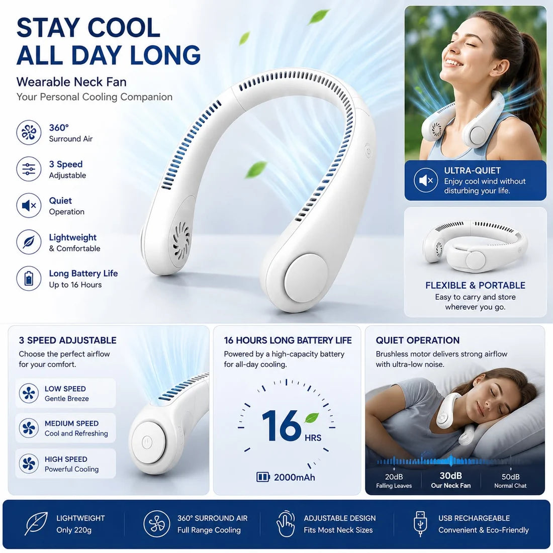 Vaneless Neck Hanging Fan – USB Rechargeable Hands-Free Portable Cooling Fan