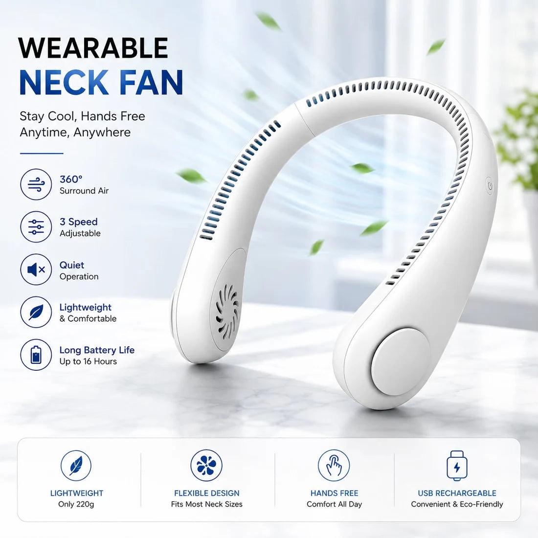 Vaneless Neck Hanging Fan – USB Rechargeable Hands-Free Portable Cooling Fan